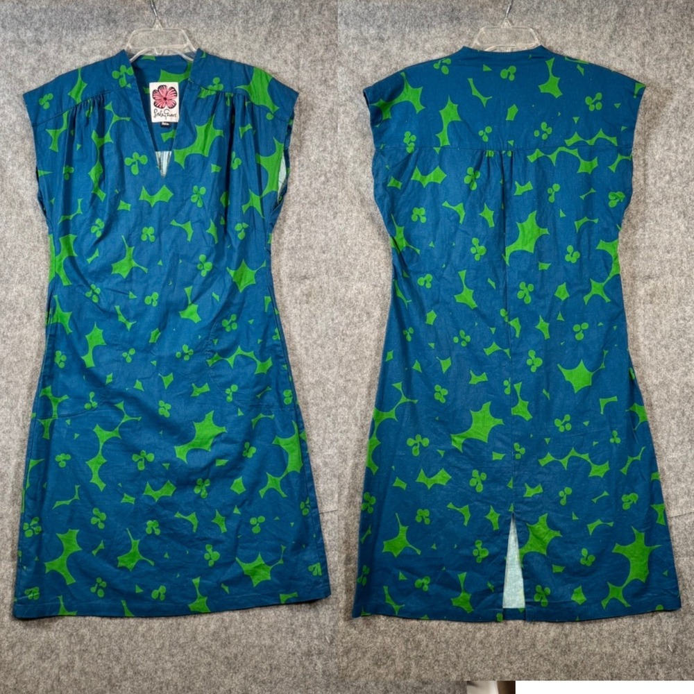 Lesley Evers Linen Midi Dress Womens Medium Hippie Blue Floral Lounge Beach